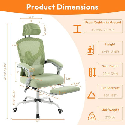 Home Office Desk Chair, Comfortable Mesh Computer Chair with Foot Rest, Reclining Gaming Chair with Headrest and Lumbar Support, 90°-130° Reclining, Green