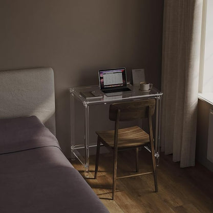 HMYHUM Acrylic Computer Desk, 32 Inch Clear Office Desk for Small Spaces, Study, Writing, Vanity Table with Cylindrical Legs, Modern, Easy Assembly