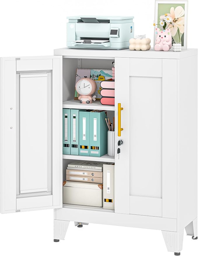 36" Metal Garage Storage Cabinet with Lock,Lockable Office File Cabinet with 2 Doors and 2 Adjustable Shelves,Outdoor Steel Locker Organizer for Home Office,Gym,School,Warehouse(White)
