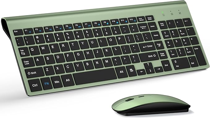 Wireless Keyboard and Mouse Ultra Slim Combo, TopMate 2.4G Silent Compact USB 2400DPI Mouse and Scissor Switch Keyboard Set with Cover, Batteries Included, for PC/Laptop/Windows/Mac - Green Black