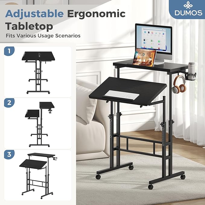 DUMOS Split Top Rolling Standing Desk 23.6 Inch Mobile Laptop Workstation Manual Height Adjustable Sit Stand Office Table Walking Pad Study Surface Portable Home Office Computer Cart Black