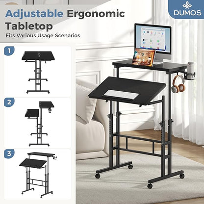DUMOS Split Top Rolling Standing Desk 23.6 Inch Mobile Laptop Workstation Manual Height Adjustable Sit Stand Office Table Walking Pad Study Surface Portable Home Office Computer Cart Black