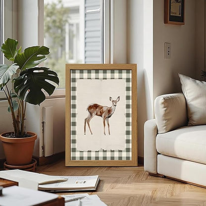 CXQILVER Vintage Framed Deer Wall Art Canvas Painting, Woodland Fawn Prints Wall Decor, Green Gingham Rustic Farmhouse Animal Artwork Pictures for Living Room Bedroom Bathroom Nursery Decor 16x24 Inch