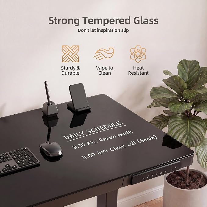 INNOVAR 40" Small Glass Standing Desk with Drawers & USB Ports, Whole-Piece Glass Top Adjustable Height Desks, Quick-Install Electric Sit-Stand Up Desk for Home Office & Computer Workstation, Black