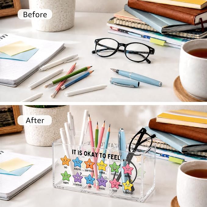 It Is Okay To Feel Acrylic Pen Holder Organizer with 3 Compartments, Mental Health Emotional Desk Organizer Accessory for Psychologist, Office Appreciation Gifts for Therapy Counselor Coworker
