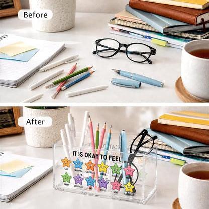 It Is Okay To Feel Acrylic Pen Holder Organizer with 3 Compartments, Mental Health Emotional Desk Organizer Accessory for Psychologist, Office Appreciation Gifts for Therapy Counselor Coworker