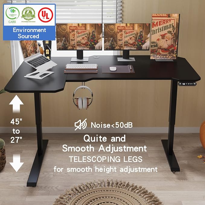L-Shaped 59" Height Adjustable Electric Standing Desk, Sit and Stand Up Computer Desk For Home Office with Splice Board (Black Top, Black Frame)