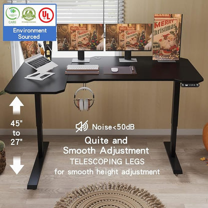 L-Shaped 59" Height Adjustable Electric Standing Desk, Sit and Stand Up Computer Desk For Home Office with Splice Board (Black Top, Black Frame)
