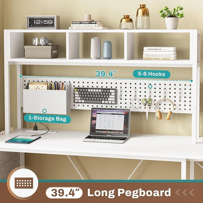 SEDETA White L Shaped Office Desk, 57.5” Corner Computer Desk with Power Outlet Pegboard and Keyboard Tray, Gaming Table with LED Lights, Hutch and Storage Shelves for Home Office