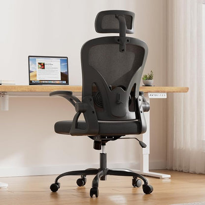 Farini Ergonomic Office Chair, Home Office Desk Chair with Headrest, High Back Swivel Computer Chair with Armrests and Adjustable Lumbar Support for Home Office Study Room, Black & Dark Black