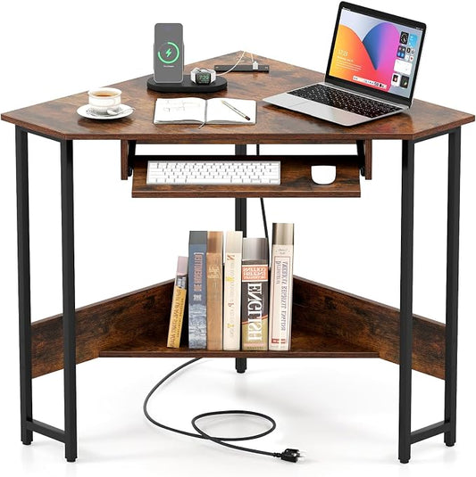 Tangkula Corner Desk with Keyboard Tray, 90-Degree Triangle Corner Computer Desk for Small Space, Industrial Writing Desk with Storage Shelf, Space-Saving Laptop PC Desk (Rustic Brown)