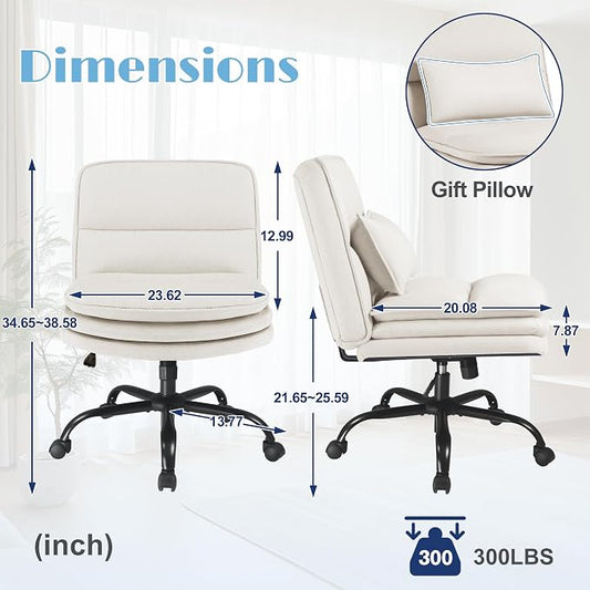 Furmax Criss Cross Legged Office Chair with Wheels, Armless Extra Wide Seat Swivel Desk Chair, Adjustable Height Comfy Task Chair with Thick Cushion for Home Office Bedroom Vanity (Fabric, Beige)