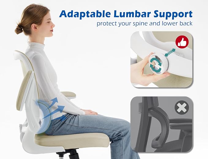 TRALT Ergonomic Office Chair - Desk Chair with Adjustable Lumbar Support Computer Chair - Mesh Comfy Chair with Flip-up Armrests - Gaming Chairs for Adults Home Office (Leather, Beige)