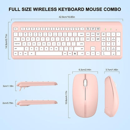 Wireless Keyboard and Mouse Combo, Full-Size Silent Ergonomic Keyboard and Optical Mouse, Long Battery Life, 2.4G Lag-Free Mice Keyboard for Computer,Mac,Laptop,PC,Windows(White Pink)