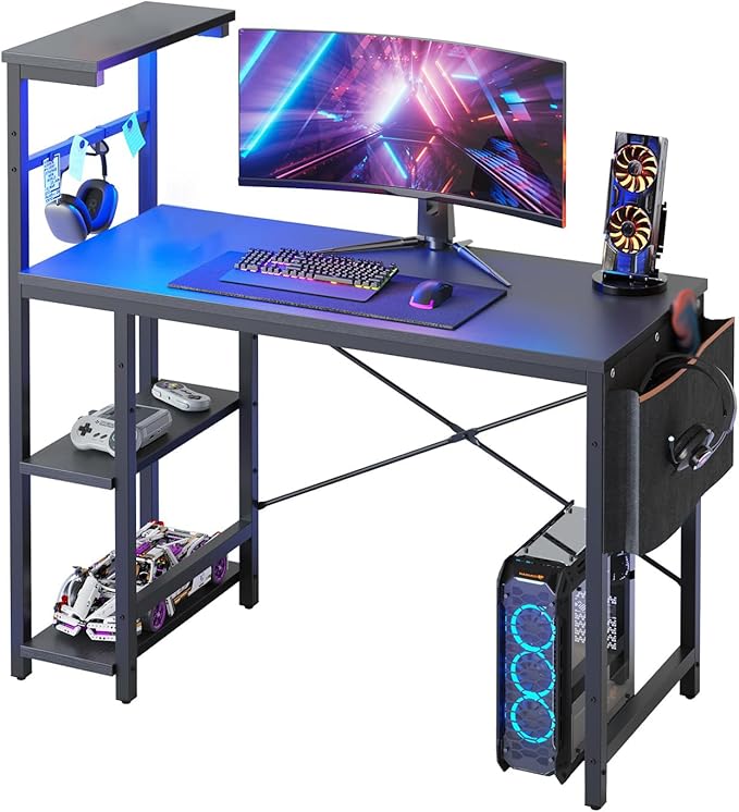 Bestier Gaming Desk with LED Lights, 44 Inch PC Gamer Desk for Small Spaces, Computer Desk with Reversible Storage Shelves & Side Storage Bag (Black Grained)
