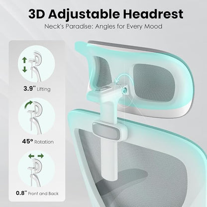 Soohow Office Chair, Ergonomic Office Mesh Desk Chair with Adjustable Back Support, High Back Comfy Computer Swivel Chair with Headrest, Lumbar Support for Study Room, Gaming and Office, White & Grey