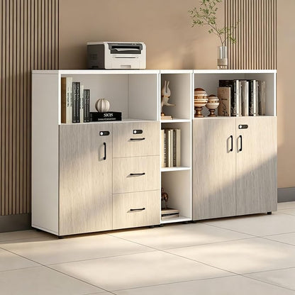 File Cabinet with Password Lock, Wood Lateral Filing Cabinet for Letter/A4 Files, 3 Drawer with Door, Printer Stand with Open Shelves for Home Office