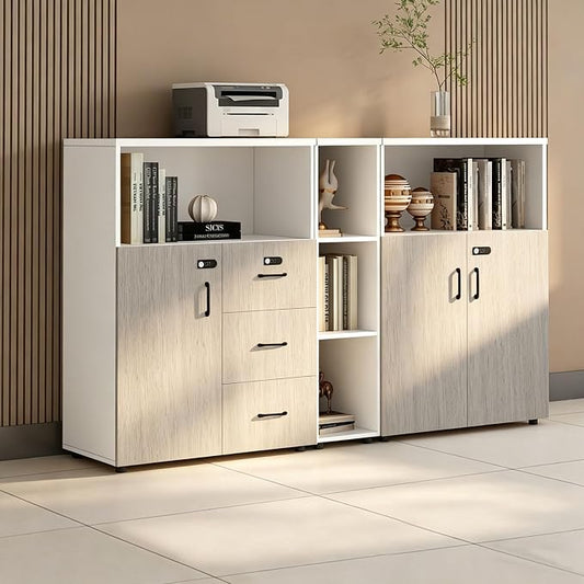 File Cabinet with Password Lock, Wood Lateral Filing Cabinet for Letter/A4 Files, 3 Drawer with Door, Printer Stand with Open Shelves for Home Office