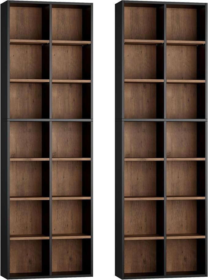 FOTOSOK 71'' Tall Bookshelf Set of 2, 7 Tier Large Bookshelf with Adjustable Shelves, Wide Bookcases and Bookshelf, DVD/CD Media Tower Storage, Cube Book Shelf Display Shelf Cabinet, Black/Brown