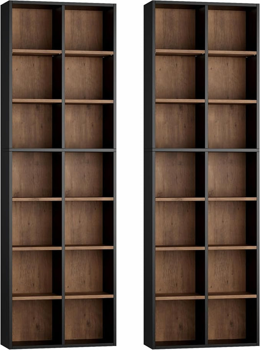 FOTOSOK 71'' Tall Bookshelf Set of 2, 7 Tier Large Bookshelf with Adjustable Shelves, Wide Bookcases and Bookshelf, DVD/CD Media Tower Storage, Cube Book Shelf Display Shelf Cabinet, Black/Brown