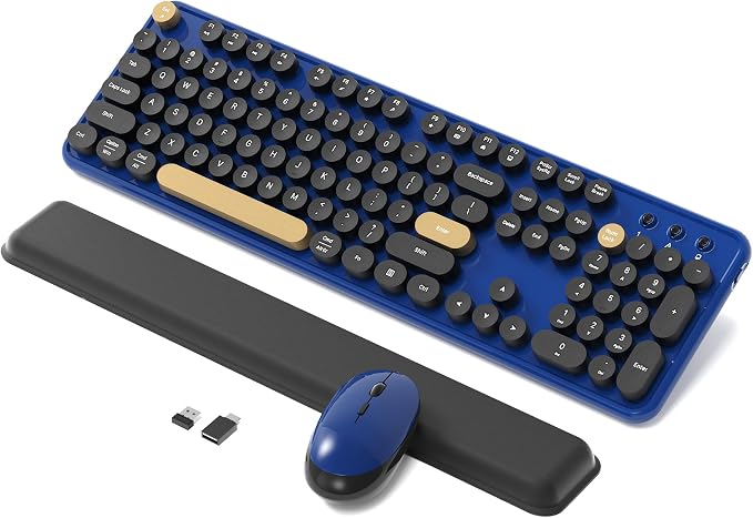 Colorful Wireless Keyboard and Mouse Combo, Retro Typewriter Style Round Keys, 2.4GHz Ergonomic Aesthetic Computer Keyboard with Wrist Rest for Mac, Windows, Laptop, PC(Klein Blue)