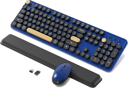 Colorful Wireless Keyboard and Mouse Combo, Retro Typewriter Style Round Keys, 2.4GHz Ergonomic Aesthetic Computer Keyboard with Wrist Rest for Mac, Windows, Laptop, PC(Klein Blue)