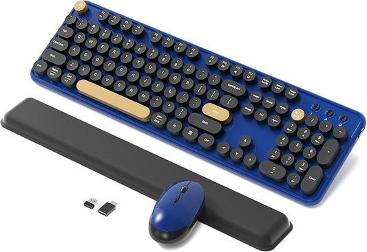 Colorful Wireless Keyboard and Mouse Combo, Retro Typewriter Style Round Keys, 2.4GHz Ergonomic Aesthetic Computer Keyboard with Wrist Rest for Mac, Windows, Laptop, PC(Klein Blue)