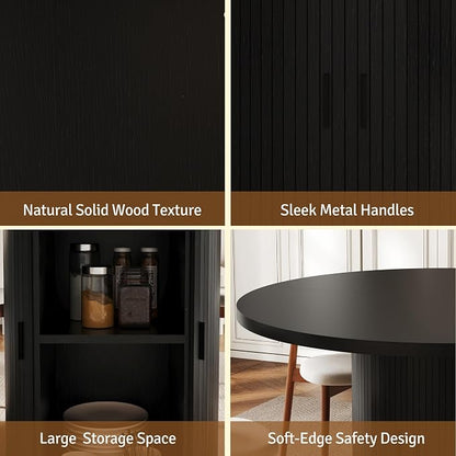 47 inch Round Dining Table for 4-6, Dinner Table with 2-Layer Storage Shelf, Morden Circle Kitchen Table with Wooden Strip Base and Wood Slide Door for Home Dining Room, Living Room, Black