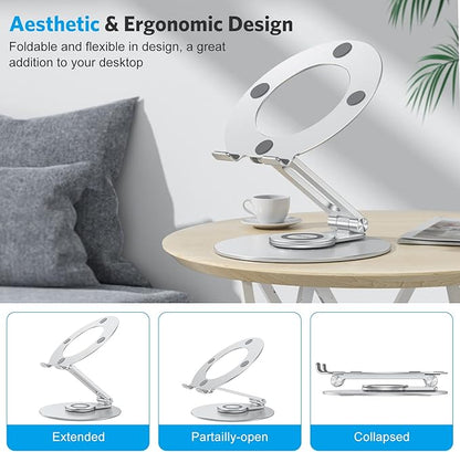 OMOTON Adjustable Laptop Stand with 360 Rotating Base, Ergonomic Laptop Riser for Collaborative Work, Dual Rotary Shaft Fully Foldable for Easy Storage, Fits All Laptops up to 16 inches, Silver