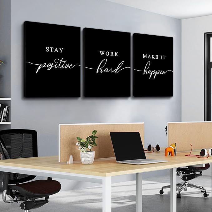 Work Hard Canvas Wall Art - Success Quote, Office Decor - Black Large Poster, Positive Motivational Set of 3 Prints (16x24in x 3pcs)