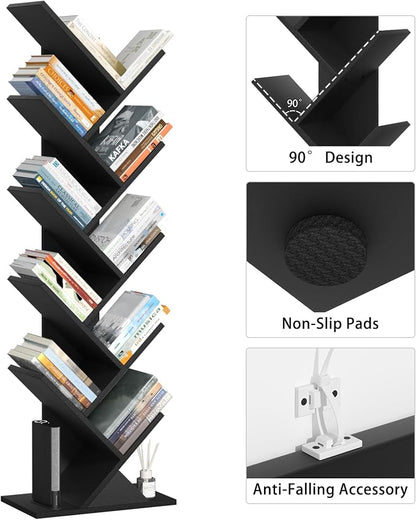 SHEEPAM 10 Tier Tree Book Shelf, Floor Standing Wood Bookshelf for Narrow Space, Storage Organizer Bookshelves for Books/CDs/Magazine, Bookcase with Shelves for Home Office, Living Room - Black
