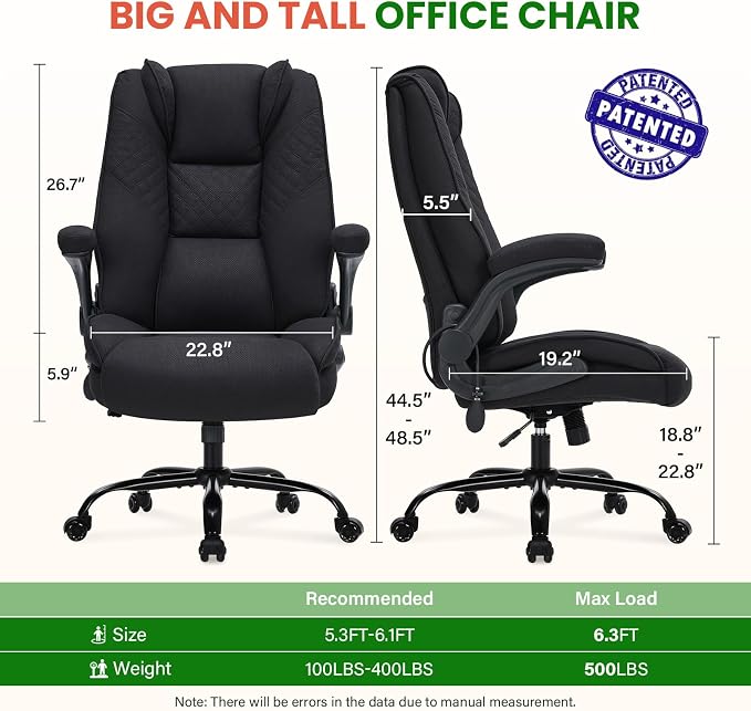 CIOMAN 500lbs Big and Tall Office Chair with Inflatable Lumbar Support for Back Pain, Executive Office Chair with Flip Up Arms and Rocking Function, Wide Cushion Computer Chair for All-Day Sitting
