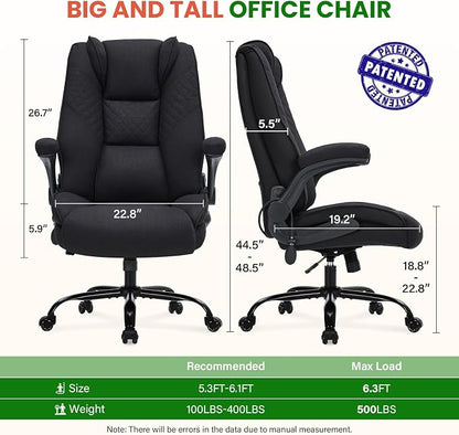 CIOMAN 500lbs Big and Tall Office Chair with Inflatable Lumbar Support for Back Pain, Executive Office Chair with Flip Up Arms and Rocking Function, Wide Cushion Computer Chair for All-Day Sitting