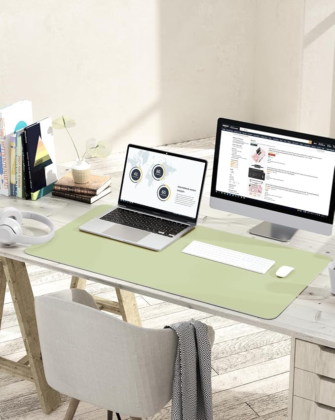 YSAGi Non-Slip Leather Desk Pad L Size, Waterproof Laptop Computer Desk Keyboard Mat, Table Protector Blotter Mat, Large Mouse Pad for Office/Work/Home/Decor(Matcha Green, 35.4" x 17")