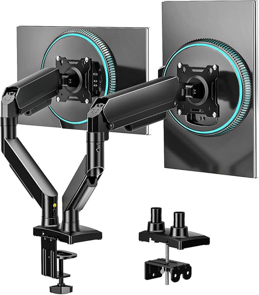 Dual Monitor Stand, Adjustable Monitor Desk Mount for 17″–32″ Computer Screens, Full Motion VESA 75x75/100x100 with C-Clamp & Grommet Aluminum Base, Each Arm Holds 4.4 to 20 lbs AX09DB201