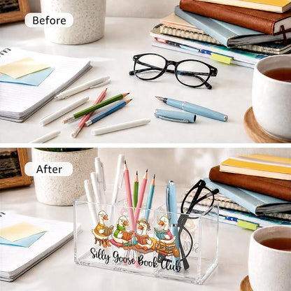 Funny Silly Goose Acrylic Pen Holder, Reading 3 Compartment Desk Organizer, Book Lover Gifts for Teachers, Women, Librarians, Office Supplie Organizer for Coworker, Book Day Gifts for Booklish