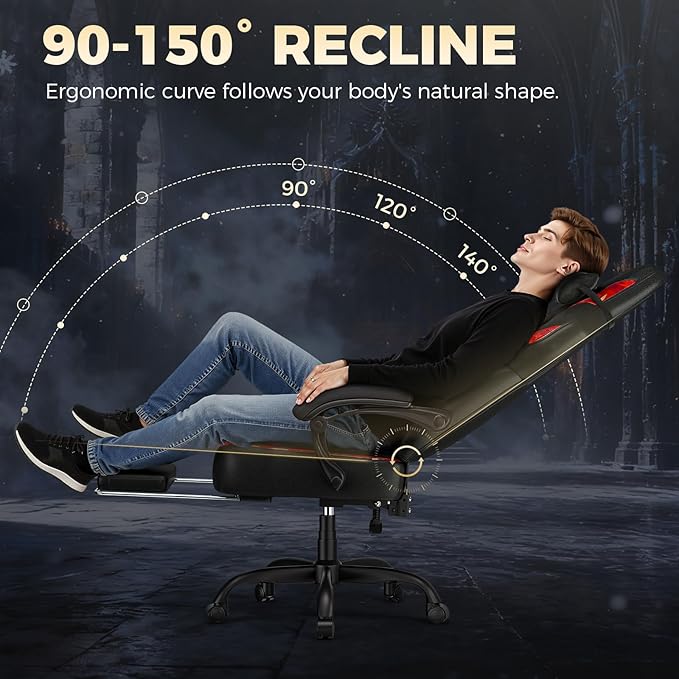 GTPLAYER Big and Tall Gaming Chair for Adults, Ergonomic Office Chair with Footrest, Heavy Duty 350 lbs Capacity, High Back, Premium Leather & Iridescent Trim, ACE-Armor, Black & Red