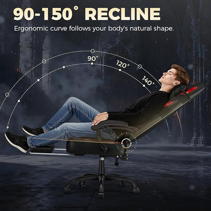 GTPLAYER Big and Tall Gaming Chair for Adults, Ergonomic Office Chair with Footrest, Heavy Duty 350 lbs Capacity, High Back, Premium Leather & Iridescent Trim, ACE-Armor, Black & Red