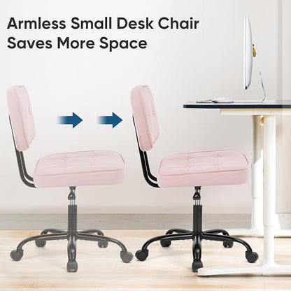 DUMOS Home Office Desk Chair - Ergonomic Armless PU Leather Computer Rolling Task Chair，with Comfy Lumbar Support and Height Adjustable, Vanity, Bedroom, Living Room, Pink