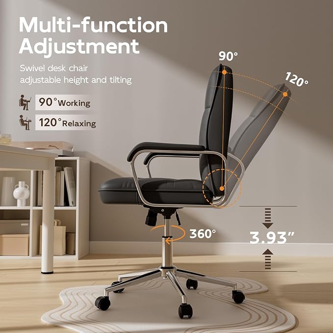 HomeZeer Black Office Chair, Mid Back Leather Desk Chair with Wheels and Padded Arms, Swivel Vanity Chair for Bedroom, Computer Chair for Study and Work