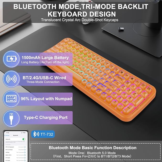 FOPETT Wireless Computer Keyboard with RGB Backlit, Tri-Mode Bluetooth 5.0/USB-C/2.4GHz Gaming Keyboard, Full Size Layout, Ergonomic Curved Design for Windows Mac PC Gamers & Office-Orange