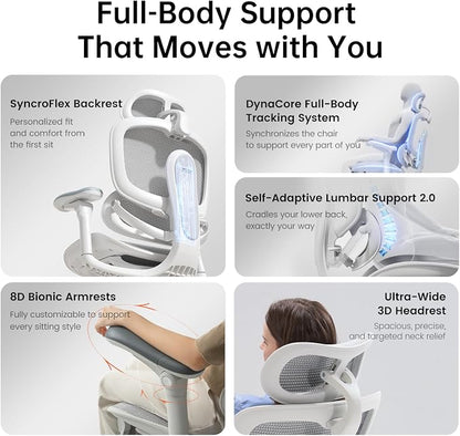 SIHOO Doro C300 Pro V2 Ergonomic Office Chair Without Footrest, Full-Body Adaptive Support, 8D Armrests & Breathable Mesh, Comfy High Back Computer Desk Chair for Long Hours, 135° Recline (White)