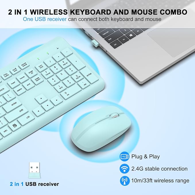 Wireless Keyboard and Mouse Combo, Full-Size Silent Ergonomic Keyboard and Optical Mouse, Long Battery Life, 2.4G Lag-Free Mice Keyboard for Computer, Mac, Laptop, PC, Windows(Green)