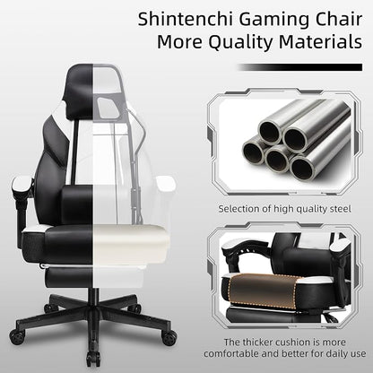 Shintenchi Gaming Chair,Video Game Chair with footrest and Massage Lumbar Support,Height Adjustable Game Chair with 360°Swivel Seat Ergonomic Computer Chair with Headrest for Office or Gaming(White)