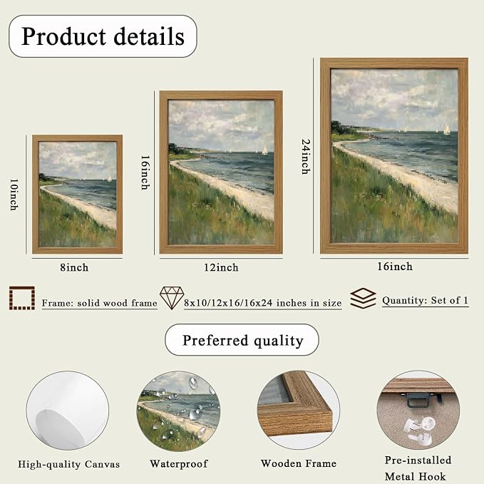 CXQILVER Framed Vintage Coastal Wall Art, Rustic Beach Seascape Sailboats Canvas Wall Decor Ocean Landscape Painting Picture for Coastal Cottage Living Room Bedroom Bathroom Decor 8x10 Inch