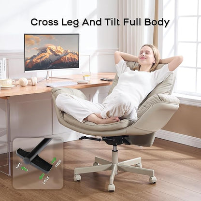 amseatec Criss Cross Office Chair with Armrests & Wheels, Recline 90/135 Lock, 400LBS Big and Tall Executive Office Chair, PU Leather Computer Desk Chair for Home & ADHD（Cream）