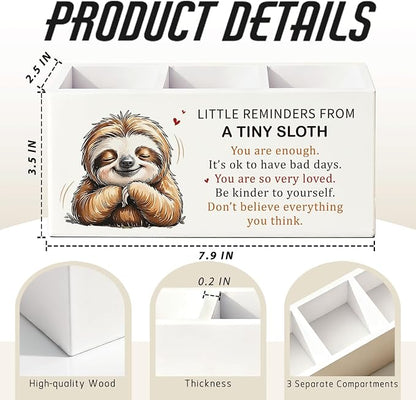 Inspirational Little Reminders Sloth Pen Pencil Holder for Desk, Sloth Gifts, Positive Motivational Mental Health Wooden Box Sign Decorations for Home Office Kids Room Bedroom Desk Tabletop