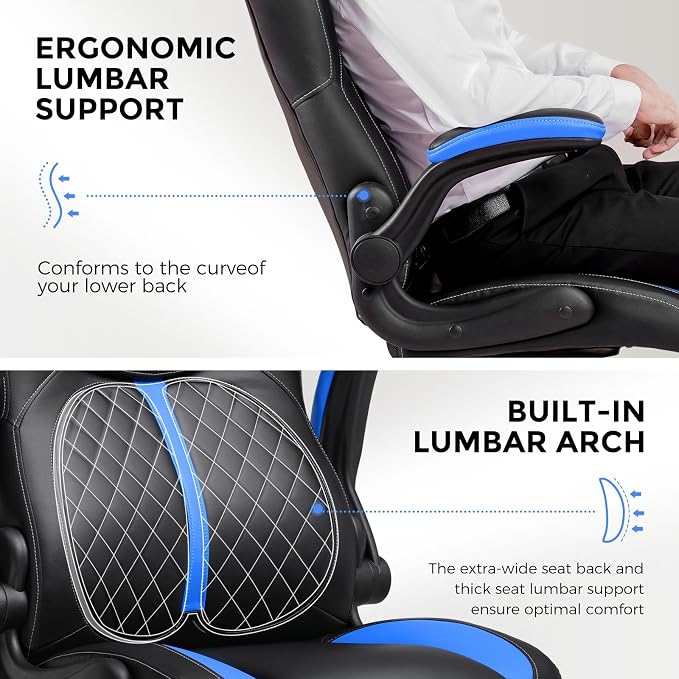 GTPLAYER Office Computer Gaming Chair Ergonomic Desk Chair for Adults with Lumbar Support Flip-Up Arms Adjustable Height Swivel Wheels PU Leather Executive Design for Short People Use, Blue