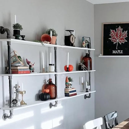 HDDFER Industrial Pipe Shelving Rustic White Pipe Wall Shelves Industrial Shelves with Wood Planks Floating Shelves 60 Inch Farmhouse Bathroom,Kitchen Shelving Wall Mounted