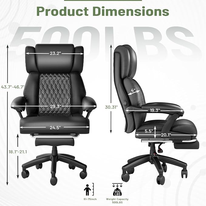HOMREST Big and Tall Office Chair, 500lbs Heavy Duty Chair with Adjustable Lumbar Support & Backrest, Ergonomic Executive Leather Office Chair with Wide Armrests and Wheels, Black